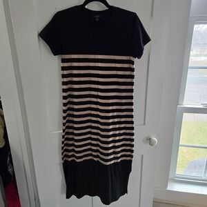 J.Crew Black and Tan Striped Short Sleeve T-Shirt Midi Dress, Size Small, Preppy
